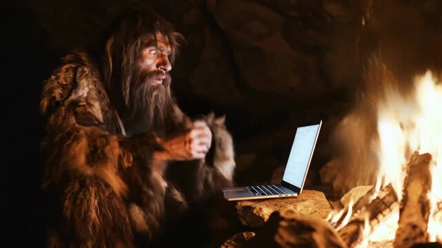 A dramatically lit, warm-toned caveman is typing on a computer inside his primitive, stone-walled prison, blending prehistoric style with modern technology.