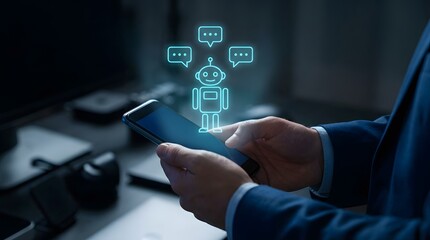 AI Chatbot Hologram Interface with Speech Bubbles on Smartphone in Tech Setting