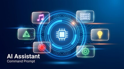 AI Assistant Command Interface with Functional Icons in Futuristic Digital Design