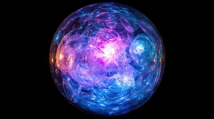 A vibrant abstract sphere filled with glowing cosmic purple and blue light swirling in a nebula effect