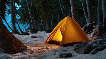 Lit tent on sandy beach surrounded by palm trees at dusk