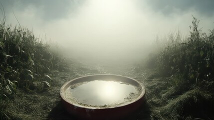 A dusty empty bird bath basin with dry cracked surfaces reflects the hazy sunlight through a foggy outdoor environment