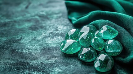 A collection of polished green emerald gemstones with a faceted surface nestled on a dark textured surface with a flowing piece of deep green fabric