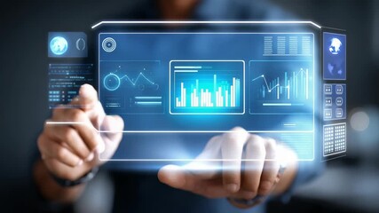 Innovative technology concept showing a hand touching a holographic data visualization panel with analytics and infographics. The scene represents digital transformation and smart business solutions - Powered by Adobe