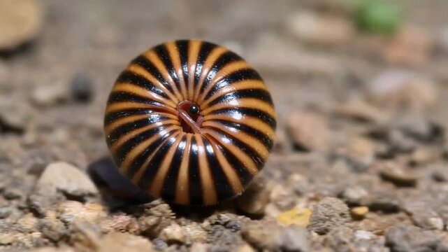 Close-up of a defensive pill bug curling into a ball on the ground