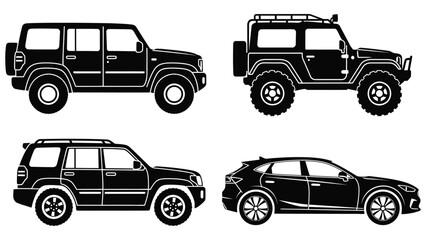 Diverse collection of modern SUVs and a crossover vehicle in silhouette