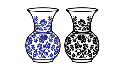Elegant porcelain vases adorned with intricate floral patterns, one in classic blue and white, the other in striking black and white.