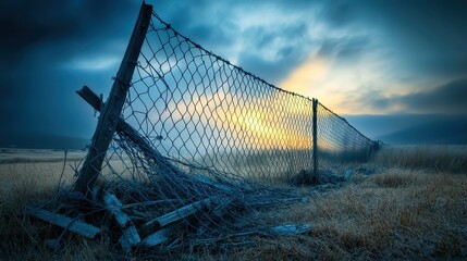 A dilapidated wire fence stands against a dramatic sunset sky casting rays of light over a dry rural landscape