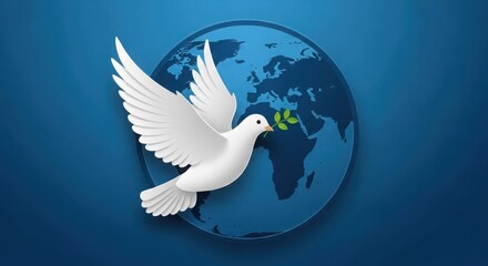 Symbol of global peace a white dove with olive branch flies across a serene blue earth
