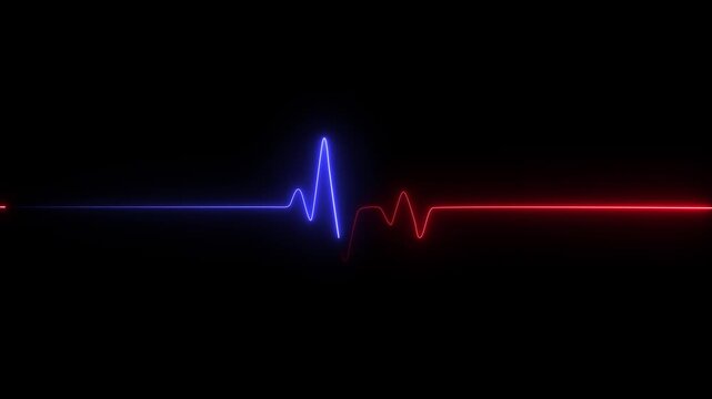 Neon heartbeat and monitor animation, red heart beat line animation on black background, ECG neon electrocardiogram pulse 4k video motion 