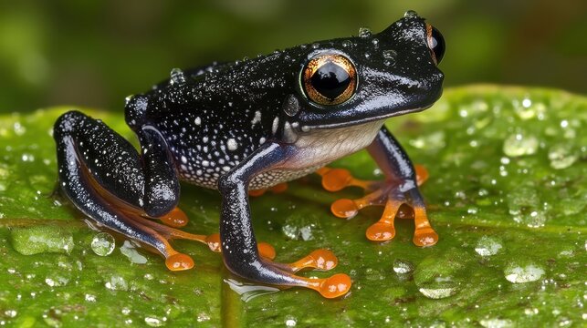 A small black poison dart frog with orange feet rests on a wet green leaf in the rainforest