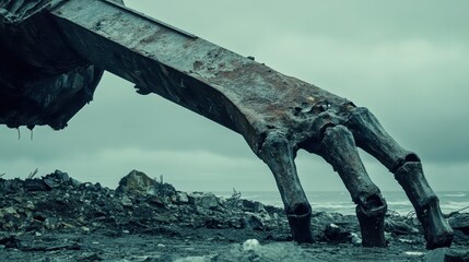 A colossal twisted steel sculpture shaped like a skeletal hand emerges from rubble on a desolate beach under a cloudy sky