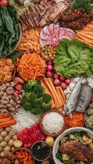 Diverse Assortment of Fresh Ingredients Including Meat, Fish, Broccoli, Rice, and Carrots for Gourmet Meal Preparation