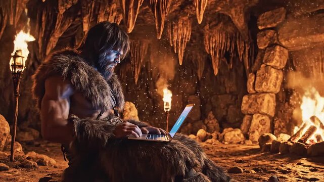 A dramatically lit, warm-toned caveman is typing on a computer inside his primitive, stone-walled prison, blending prehistoric style with modern technology.