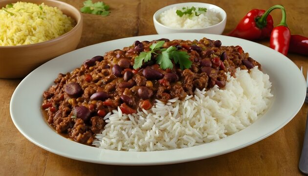 plate of chilli con carne served with rice