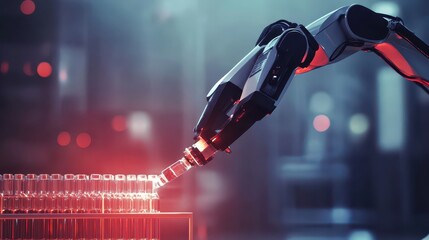 A high tech robotic arm precisely places vials into automated laboratory equipment for scientific research and pharmaceutical analysis