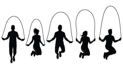 Diverse group of people silhouetted while jumping rope outdoors