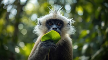 Curious monkey eating leaf
