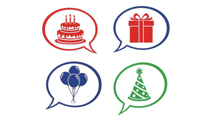 Festive birthday icons in speech bubbles: cake, gift, balloons, and party hat.
