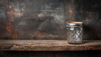 An empty dusty glass jar with a metal lid rests on a rustic wooden shelf against a dark textured background