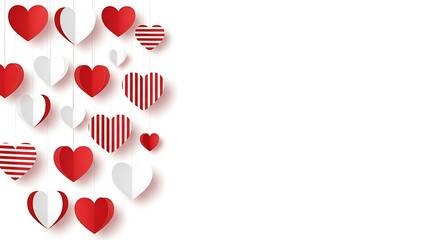 Hanging red and white hearts on strings against white background