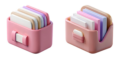 Two charming pink 3D file organizer icons filled with colorful documents, on a transparent background, representing digital storage, office productivity, and professional information management