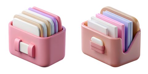 Two charming pink 3D file organizer icons filled with colorful documents, on a transparent background, representing digital storage, office productivity, and professional information management