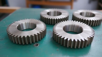 Close up of perfectly aligned brushed metal gears on a green surface