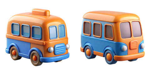 Two charming orange and blue 3D bus icons, isolated on a transparent background, representing public transportation, city commuting, and playful travel vehicle designs