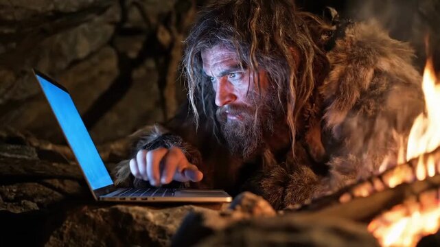 A dramatically lit, warm-toned caveman is typing on a computer inside his primitive, stone-walled prison, blending prehistoric style with modern technology.
