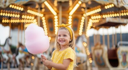 Joyful little girl with sweet pink cotton candy at vibrant carnival carousel amusement park