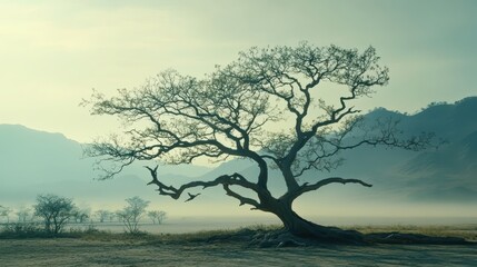 An ancient gnarled tree with bare branches reaching towards the hazy sky in a tranquil landscape at dawn