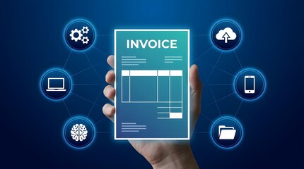 Digital Invoice Interface with Connected Tech Icons in Futuristic Business System