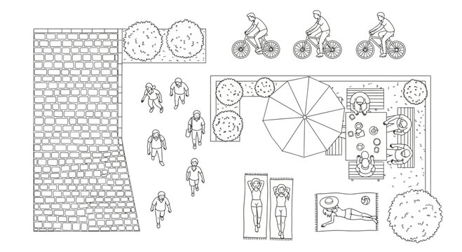 Topdown plan view elements for landscape design and outdoor activities