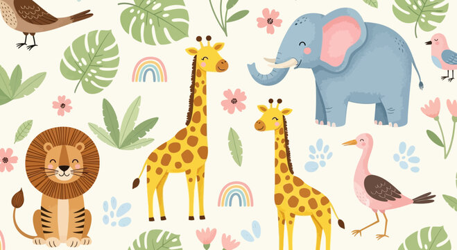Cute cartoon safari animals and jungle foliage seamless pattern