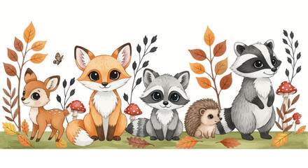Fototapeta premium Whimsical forest animals with leaves and mushrooms