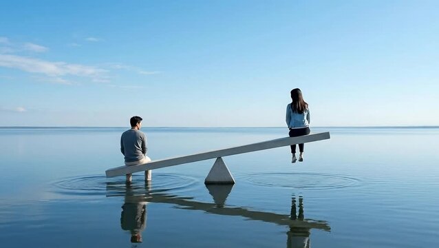 Relationship Imbalance: Man and Woman on an Unbalanced Seesaw in Calm Water, Reflecting Unequal Dynamics Under a Clear Sky