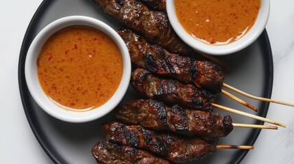 Close Up of Grilled Satay Skewers with Spicy Peanut Sauce