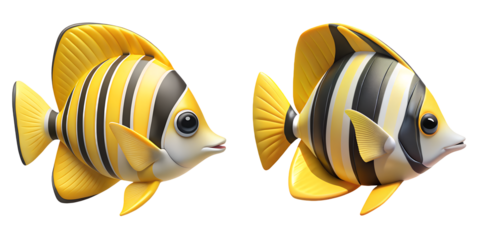 Two charming yellow and black striped 3D tropical fish icons, isolated on a transparent background, representing marine biodiversity, aquarium hobbies, and exotic underwater nature