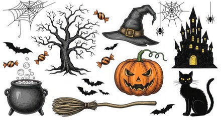 Spooky Halloween elements like a haunted house, jack-o-lantern, black cat, witch hat, and cauldron create a festive scene