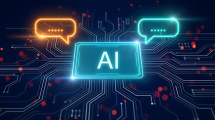 AI Communication Interface with Brain Chip and Speech Bubbles in Digital Network