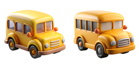 Two charming yellow 3D school bus icons with friendly cartoon aesthetics, on a transparent background, representing student transportation, education journeys, and childhood learning adventures