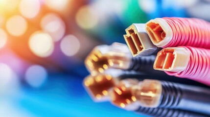 Close up of heavy duty electrical power cable connectors and wires with colorful bokeh background