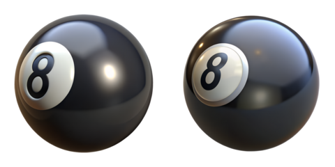 Two classic black 8-ball billiard 3D icons, isolated on a transparent background, featuring a glossy spherical design for sports, games, leisure activities, and competition
