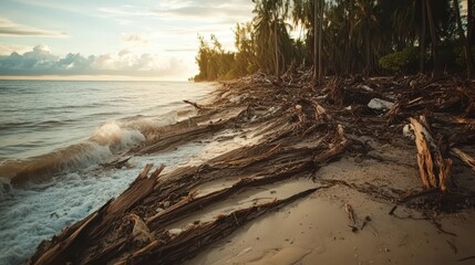 Beach shoreline with wood debris and waves at sunset