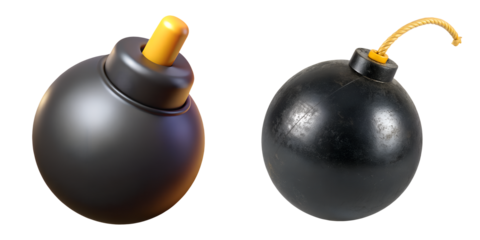 Two classic black round bomb 3D icons with fuses, isolated on a transparent background, representing explosive danger, game hazards, demolition risks, and emergency security threats