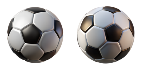 Two classic black and white 3D soccer ball icons, isolated on a transparent background, featuring realistic hexagonal patterns for sports, gaming, athletic competition, and fitness activities