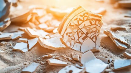Broken ceramic pottery shards with intricate pattern in sunlight