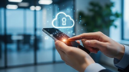 Hand holding a smartphone interacting with secure cloud data, illustrating digital technology, mobile computing, and data protection in a business environment