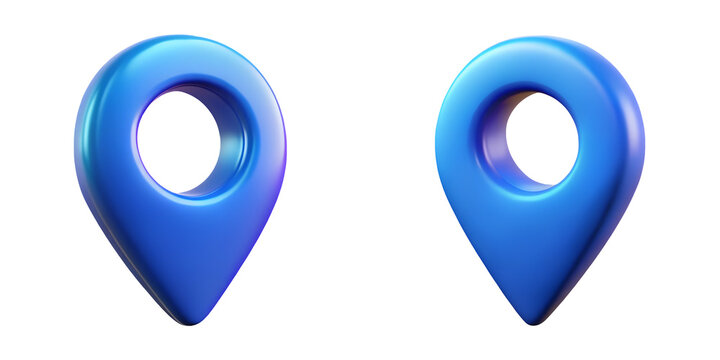 Two glossy blue map pin icons isolated on a transparent background, featuring modern 3D design for navigation, location tracking, travel apps, and digital interface elements